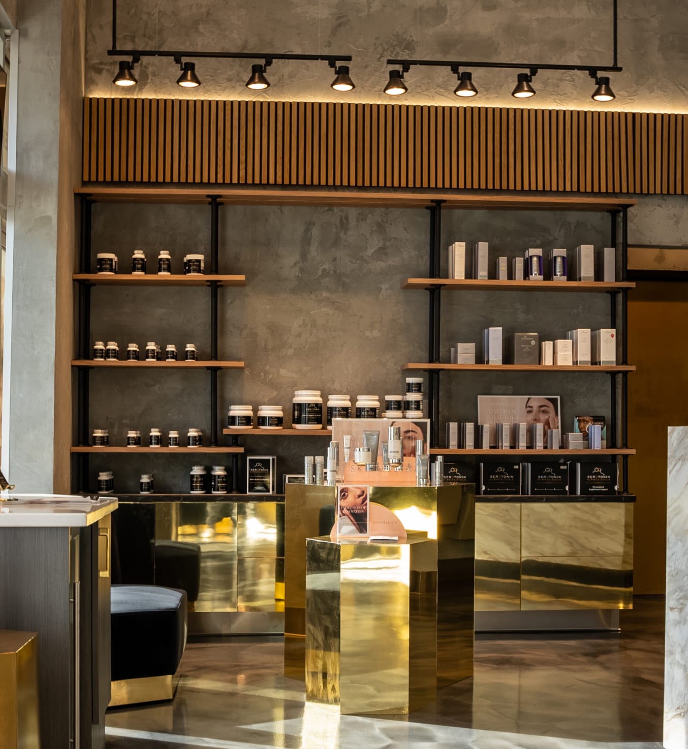 Skincare products on shelves